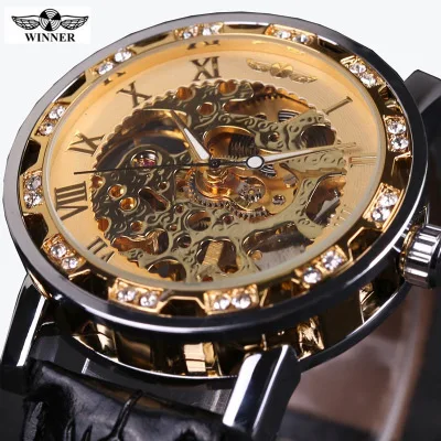 WINNER Brand Leather Mechanical Watch Mens Watches Waterproof Skeleton Business Men Clock Luxury Sport Military Male Wristwatch