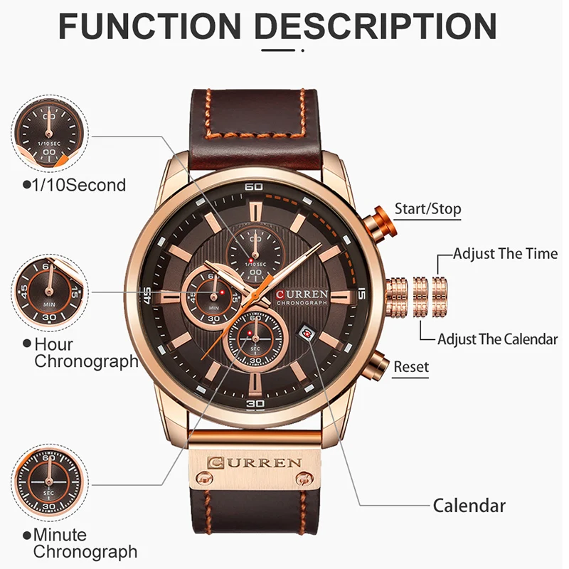 CURREN-reloj deportivo de cuero para hombre, cronógrafo de cuarzo militar, Masculino