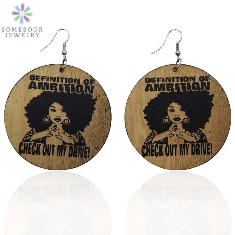 SOMESOOR 6cm Large African Carved Natural Wooden Drop Earrings Definition Of Ambition Afro Black Sayings Photos Jewelry