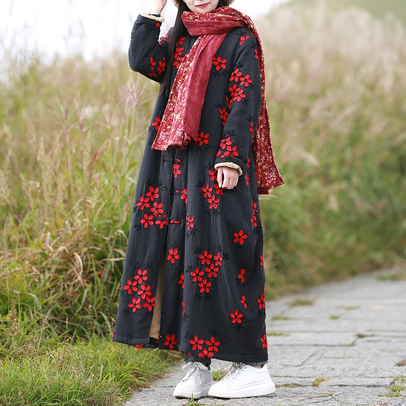LZJN Women\'s Chinese-Style Floral Embroidered Trench Coat, Maxi Loose Overcoat, Windproof Fleece Jacket, for Autumn and Winter