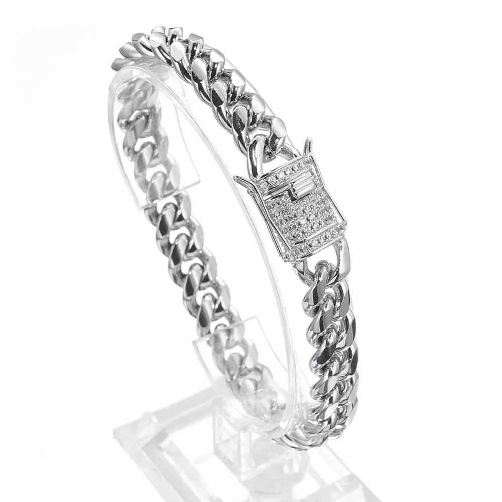 2019 New Arrival 8/10/12/14/16/18mm Stainless Steel Miami Curb Cuban Chain Crystal Silver Color Polished Bracelet Mens Jewelry