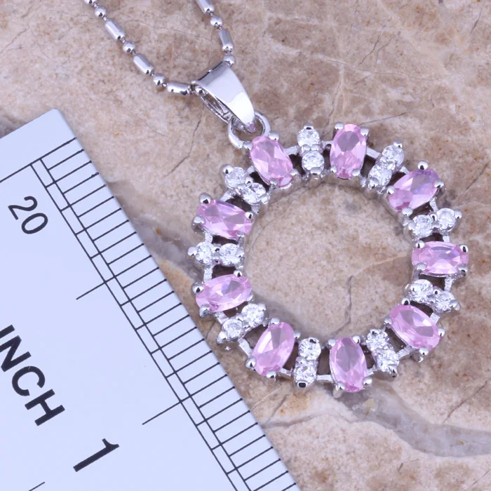 Stunning Pink White CZ Silver Plated Jewelry Sets Earrings Necklace Pendant Ring Size 6 L748