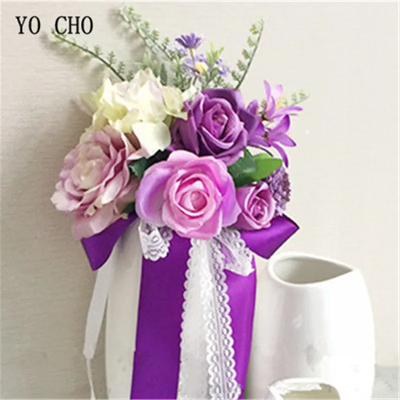 YO CHO Silk Flowers for Brides Purple Satin Flower Bridal Shower Bouquet Artificial Peony Rose Bridal Sisters Bouquet Chair Back