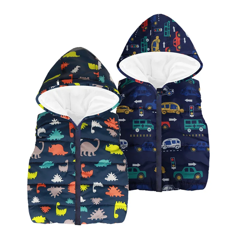 Autumn Winter Girls Vests Children\'s Cotton Warm Coat Baby Boy Dinosaur Hooded Waistcoat Kids Cartoon Cute Outerwear Clothing