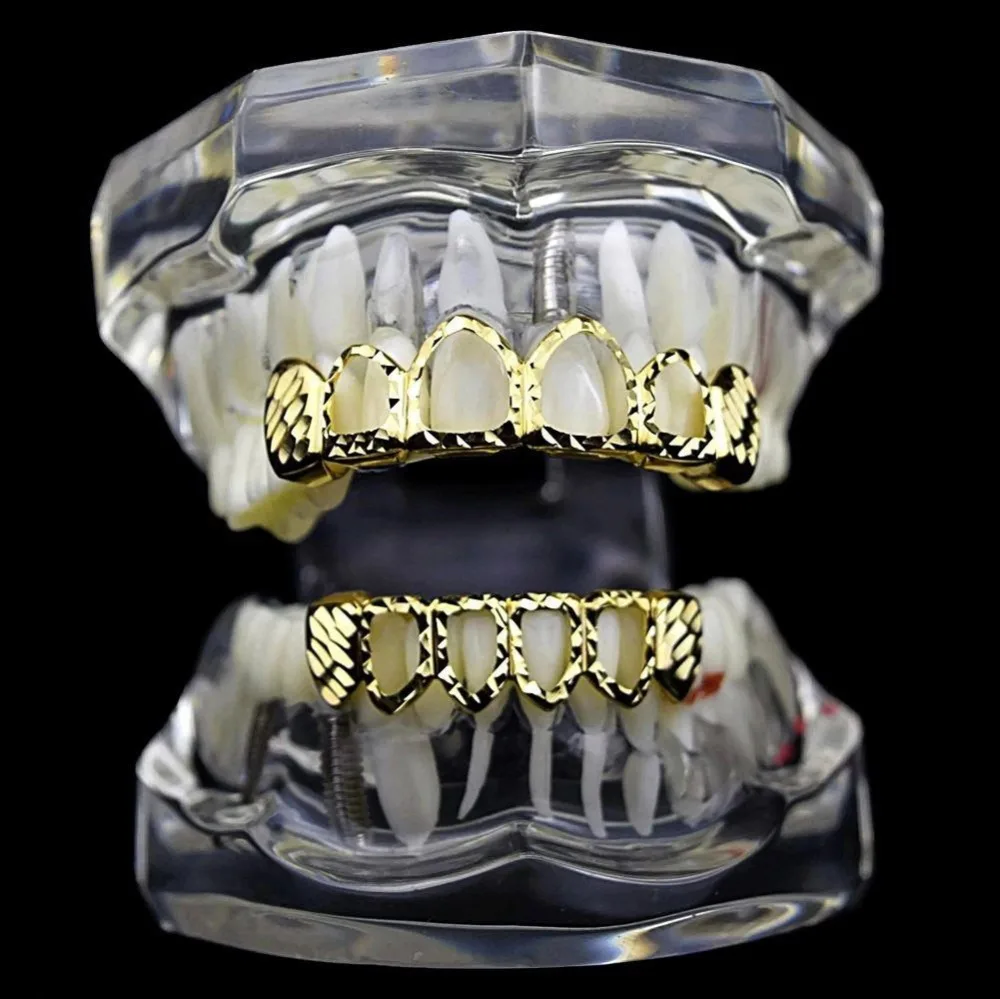 TOPGRILLZ New Gold Silver Color Hollow Open Dlampnd Cut 6 Teeth Top & Bottom Grills Braces Caps Hip Hop GRILLZ Set Party Jewelry