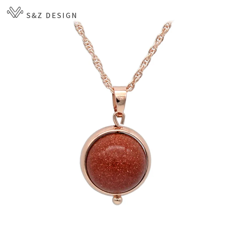 

S&Z DESIGN New Natural Golden Sand Stone Pendant Necklace For Women Fine 585 Rose Gold Color Fashion Wedding Party Gift