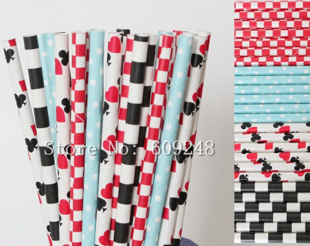 100 Pcs Mix Colors Alice in Wonderland Paper Straws,Red Checkered,Light Blue Dot,Black Sailor Striped,Playing Cards Queen Hearts