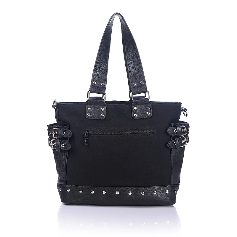 JIEROTYX Fashion Vintage Canvas Tote Bag Rivet Women\'s Bag Zipper Wide Strap Shoulder Bag Gothic Punk Handbag Woman High Quality