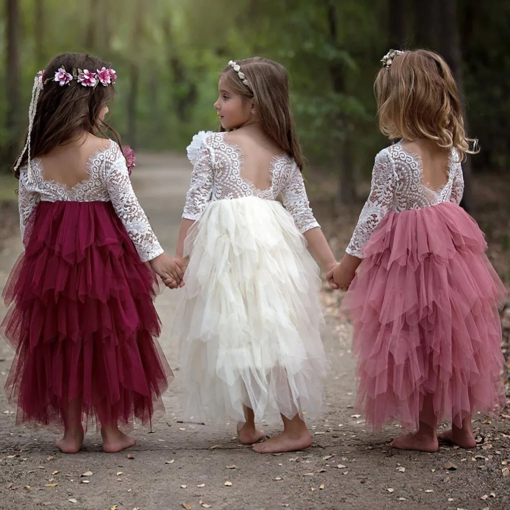 2023 Summer Kids Dresses For Girls Lace Sleeveless Backless Back V Tulle Party Princess Formal Dress Bridesmaid Pageant Dresses