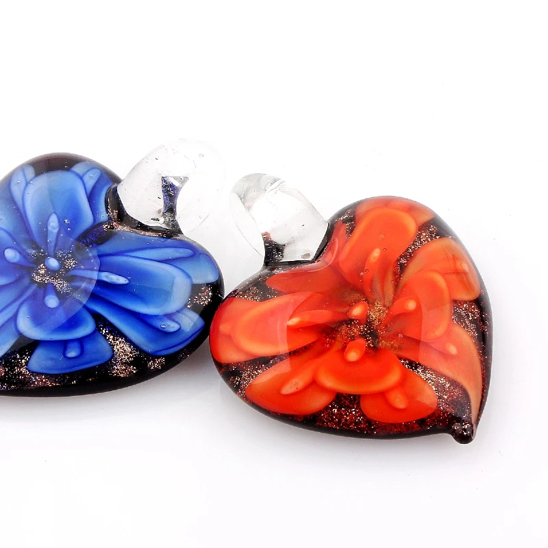 Q Fashion Wholesale 6pcs Handmade Murano Lampwork Glass Mix Color Flower Heart Pendants Fit Necklace