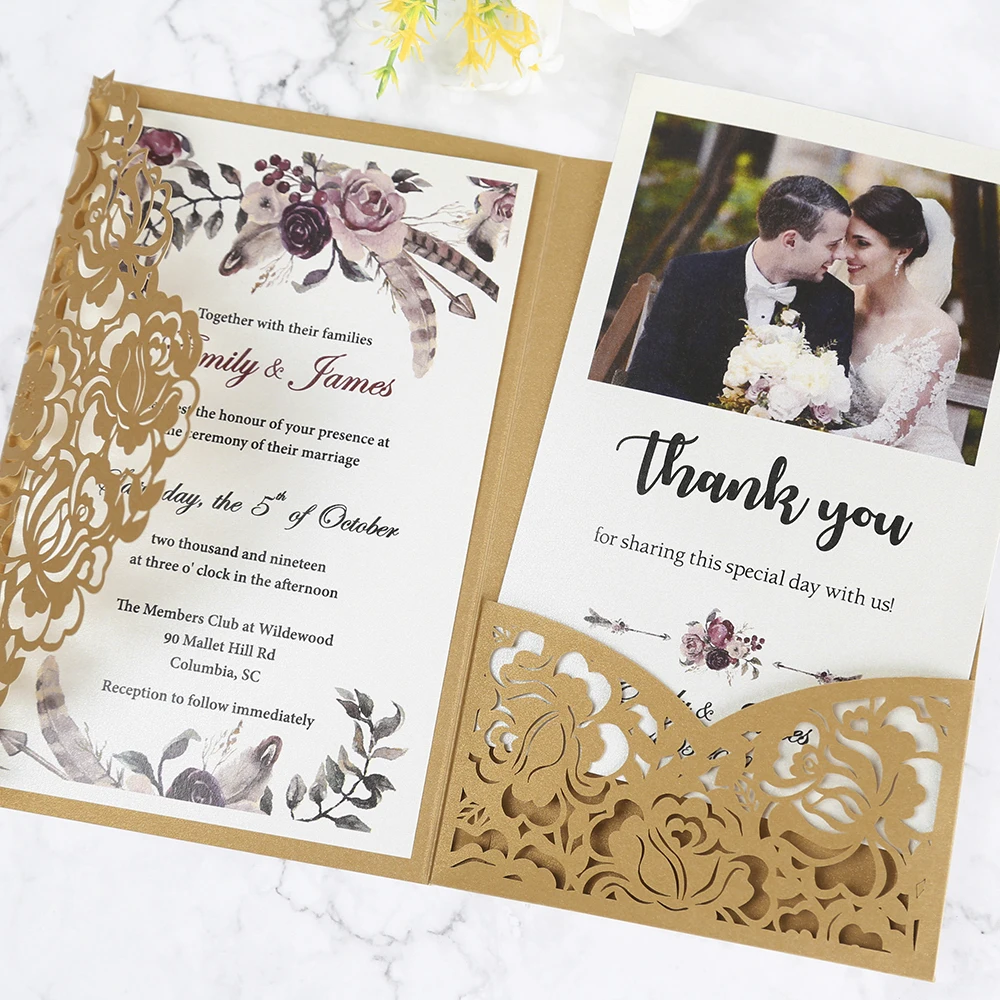 100pcs Gold Laser Cut Floral Invitation Cards for Wedding / Party / Quinceanera / Anniversary /  Birthday, CW0008
