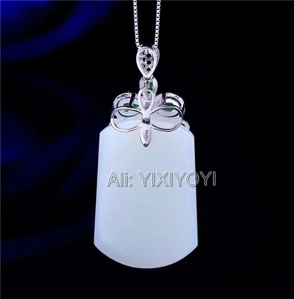 Beautiful 925 Sterling Silver + White Green HeTian Jade Elegant Style Lucky Pendant + Chain Necklace Fine Jewelry Certificate