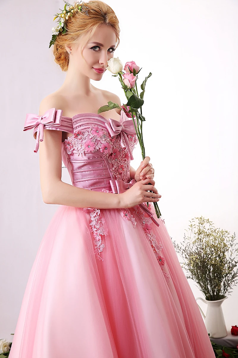 100% real pink flower embroidery bowknot shoulder ball gown medieval dress long Medieval Renaissance Gown Victoria Belle gown