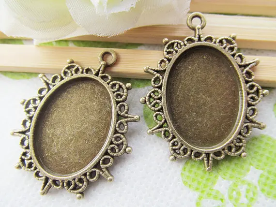 20pcs Antique bronze Heavy Oval Lace Border Base Setting Tray Bezel Pendant Charm,Fit 18mmx25mm Cameo