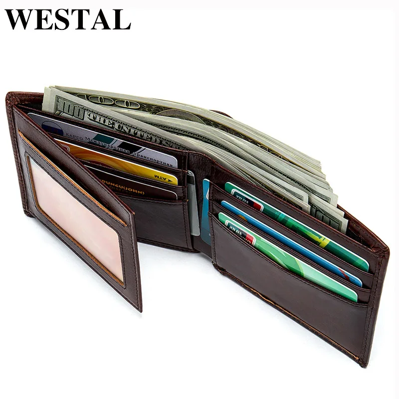 

WESTAL wallet male genuine leather coin pocket purse men's clutch bag credit card holder slim fold hidden money bag for men 7608