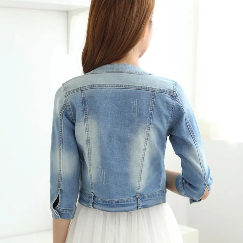 Autumn Cotton Denim Jacket Women 2023 Slim O Neck 7 Sleeves Short Jeans Jacket Vintage Coats Women Large Size Chaqueta Mujer 390