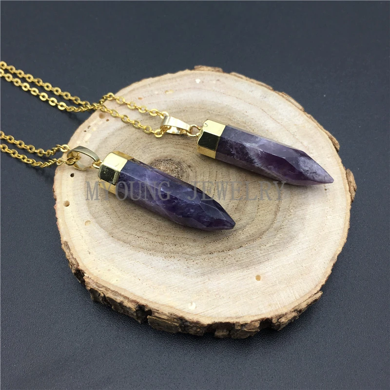 

MY0956 Purple Ceystal Pillar Point Spike Pendant Amethysts Necklace With Gold Chain Necklace kolye