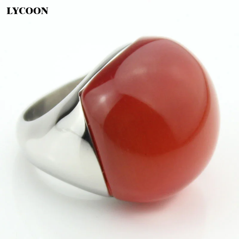 Модное кольцо LYCOON из нержавеющей стали 316L с супер-гладкой полировкой, роскошное кольцо с опалом, с настоящим высококачественным камнем в виде красного кошачьего глаза для женщин