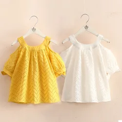 2024 Summer 2 3 4 5 6 7 8 10 Years Children Cotton Solid Color Hollow Out Wave Off Shoulder Strapless Kids Girl Blouse Shirt