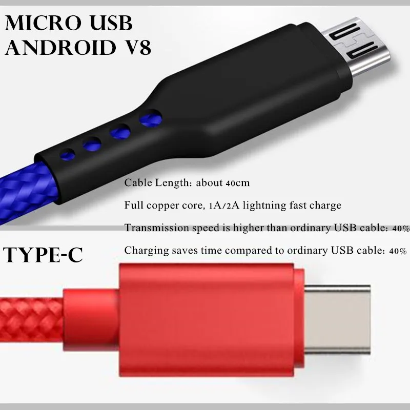 Тип C Micro USB Android V8 Кабель для передачи данных нейлонового переплетения Полный медный сердечник Кабель для быстрой зарядки и передачи для Samsung/HuaWei/MI/OPPO/MP3