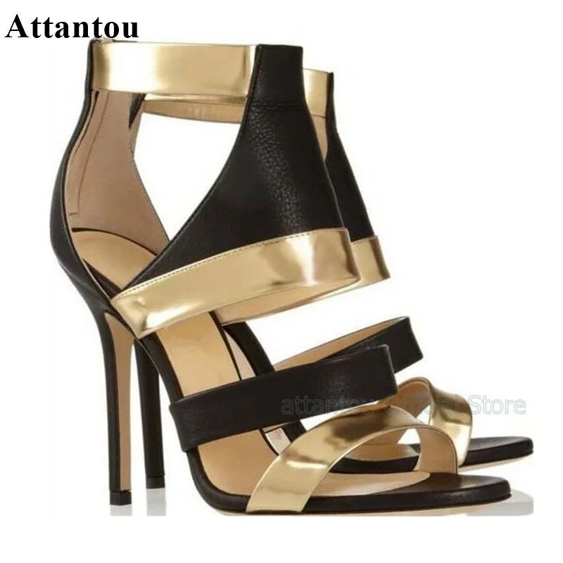 

Mixed Color Gold Black Ankle Strap Hollow Out High Heel Sandals Open Toe Woman Shoes Golden Metal Decoration Party Dress Shoes