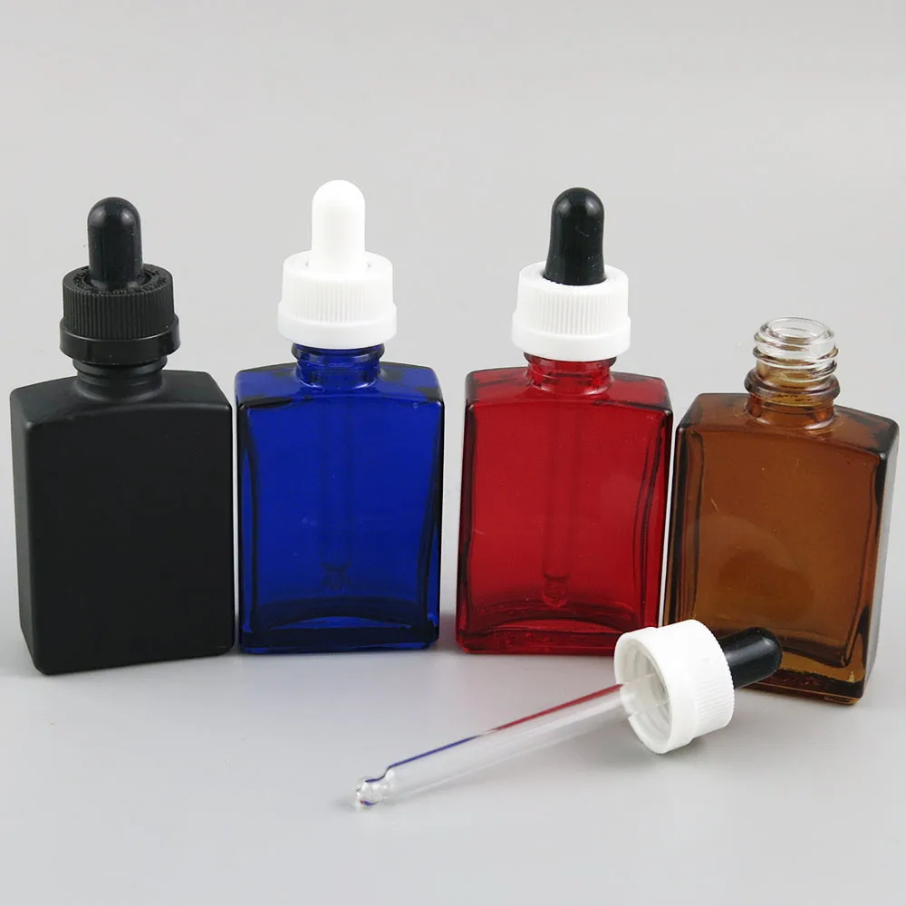 12 x 30ml Square Flat glass with black pipette dropper 1oz black white clear blue glass e liquid container, 30ml dropper bottle