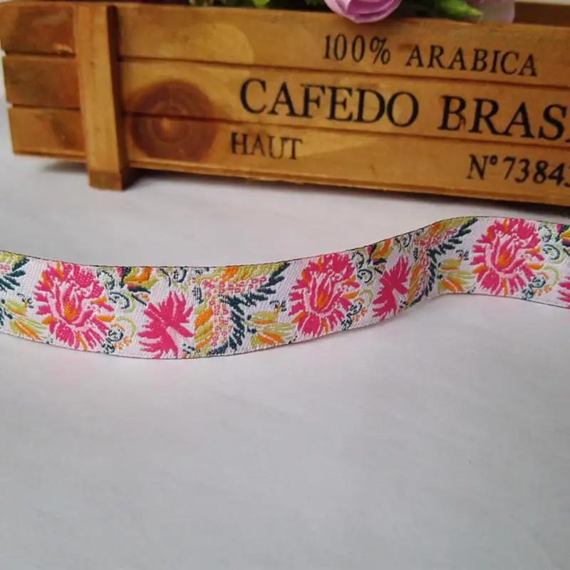 5/8 \'(16 mmx5yards) Plum Blossoms Tulips Roses Woven Polyester Jacquard Ribbon dog chain accessories with Agility For Dog Collar