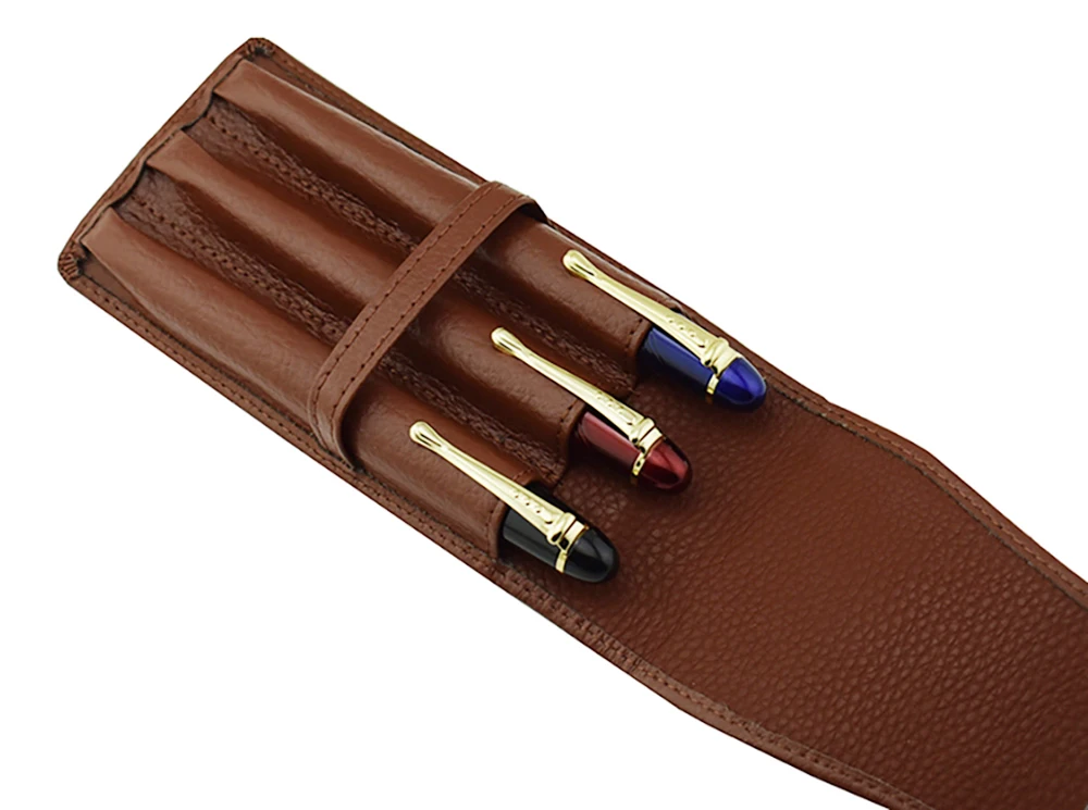 Leather Pencil Case Washed Cowhide Pen Case / Bag for 3 Pens , Coffee Pen Holder / Pouch High Quality for Men & Women