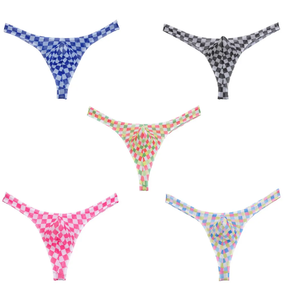 Micro Mesh See-Through Penis Pouch Sexy Bikini Men\'s Underwear Thongs and G-Strings Plaid Male Thong Underwear Men Underpants