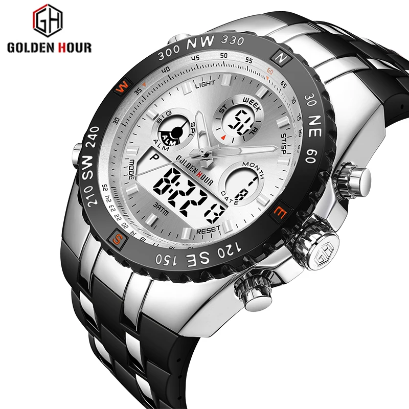 New GOLDENHOUR Outdoor Sports Men Fashion Quartz Watch Mens Luminous Week Calendar Wristwatches Casual Silicon Strap Male Clock