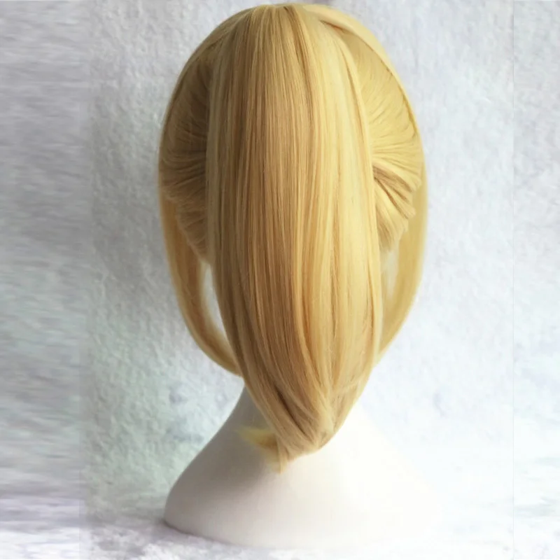 Peluca completa de cabello sintético para Cosplay, postizo de pelo sintético dorado con coleta y malla, de 35cm, Fate stay night saber lily