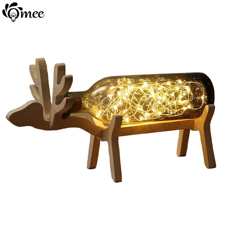 Holz Deer Schreibtisch Nacht Licht Schlafzimmer Blau Grau Glas Flasche Studie String LED Tisch Lampe Weihnachten USB Art Deco Beleuchtung geburtstag