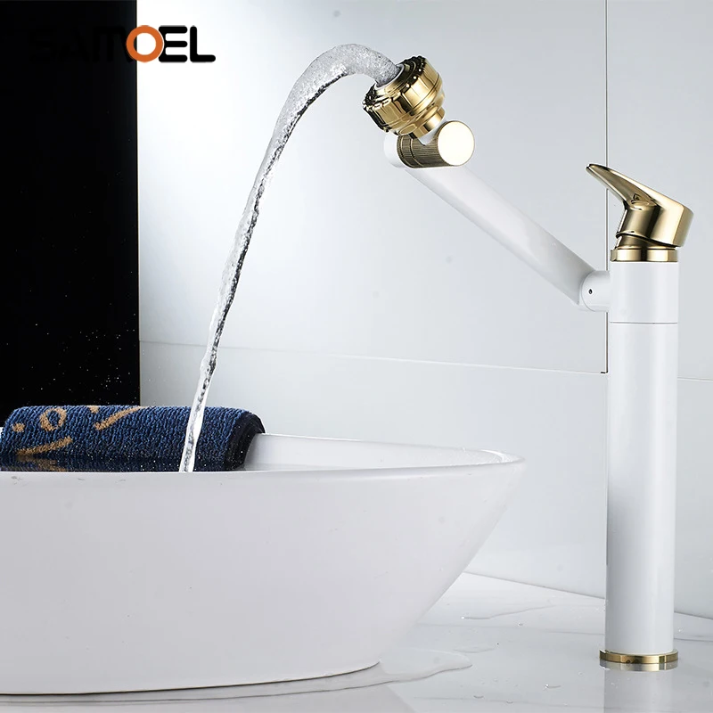 

Nordic Style Deck Mounted Brass White and Golden Bathroom Basin Sink Faucet Mixer Taps With Rotating Sprayer W3044