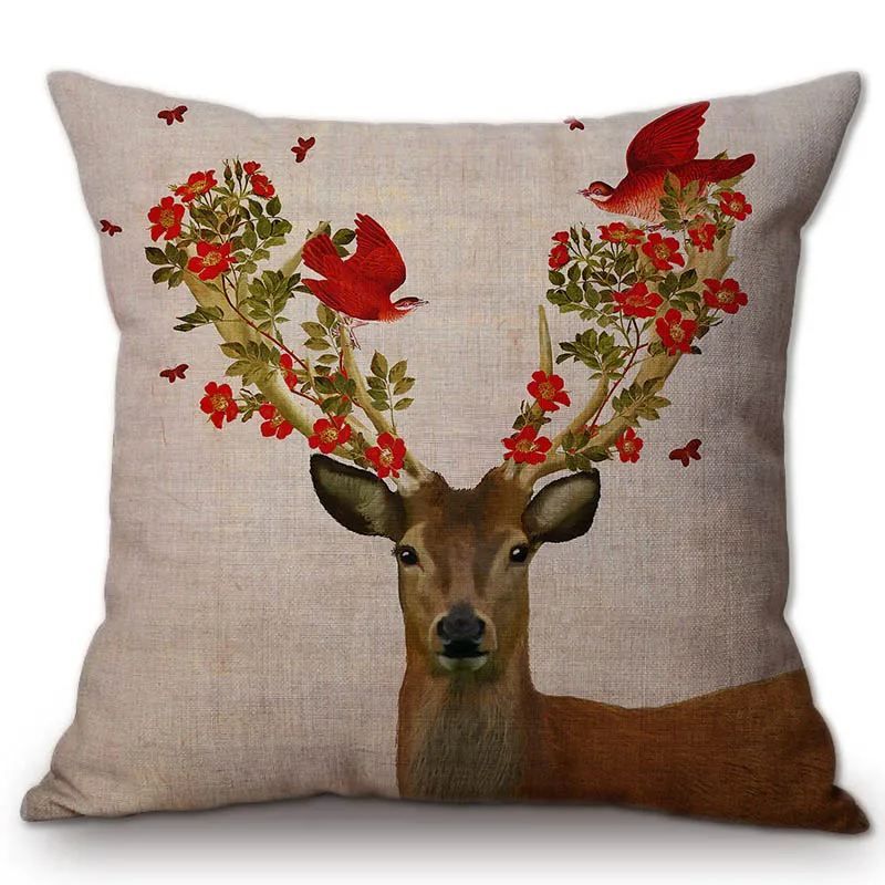 2023 Spring European Nordic Floral Deer Bird Home Decorative Pillow Case Office Decoration Cotton Linen Sofa Chair Cushion Cover