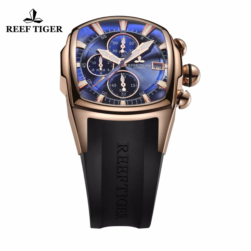 Reef Tiger/RT Big Pilot Watches Mens Luxury Rose Gold Rubber Strap Waterproof Sport Clock Date RGA3069-T