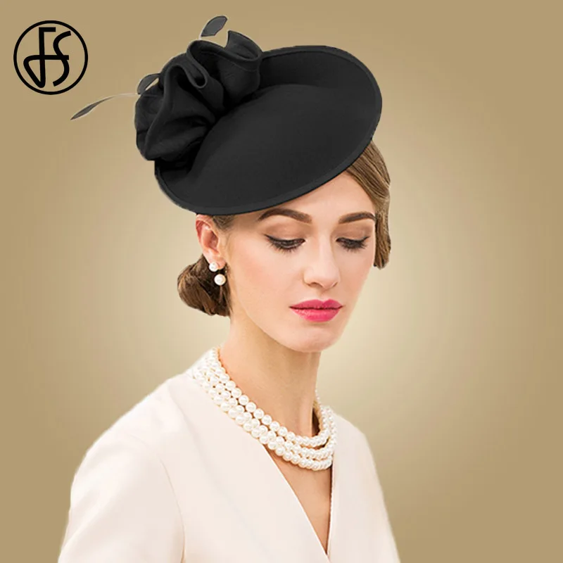 FS British Hats Women Fascinator For Church 100% Wool Pillbox Hat Black Felt Fedora Vintage Flower Wedding Ladies Derby  Hat