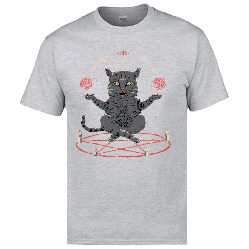 サタンよこしまなネクロマンサー猫魔法通常tシャツ悪魔猫おかしいデザイン新しいtシャツ男性綿 100% の夏tシャツ誕生日