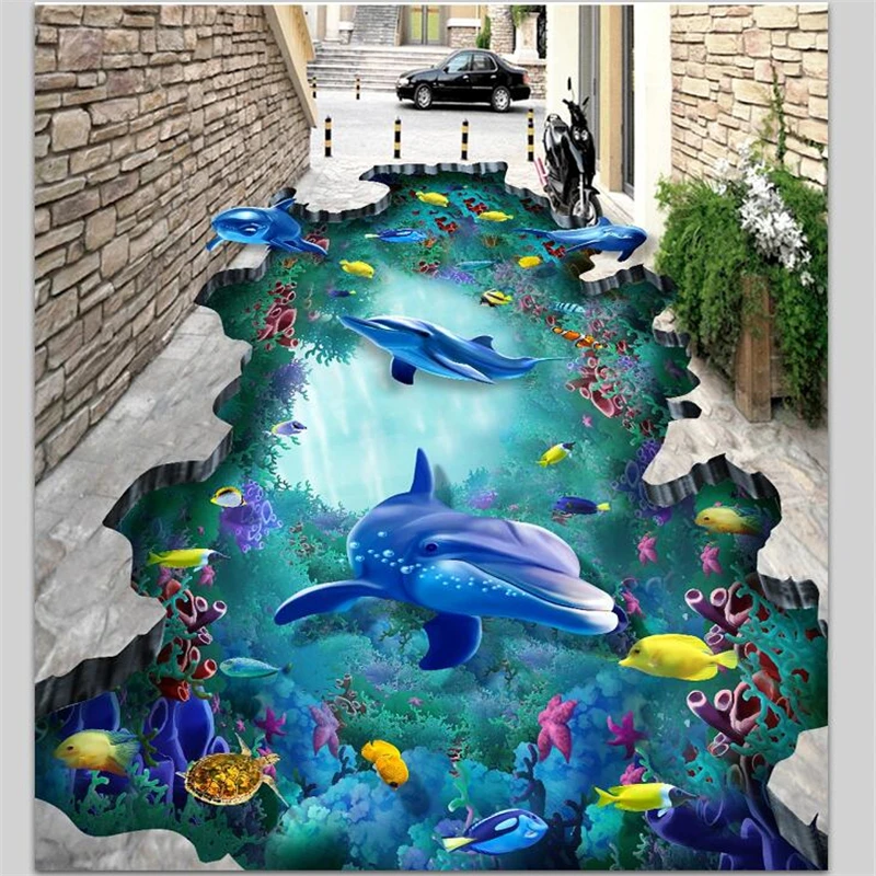 

beibehang Custom flooring 3d large three-dimensional underwater world dolphins turtle 3D three-dimensional painting flooring