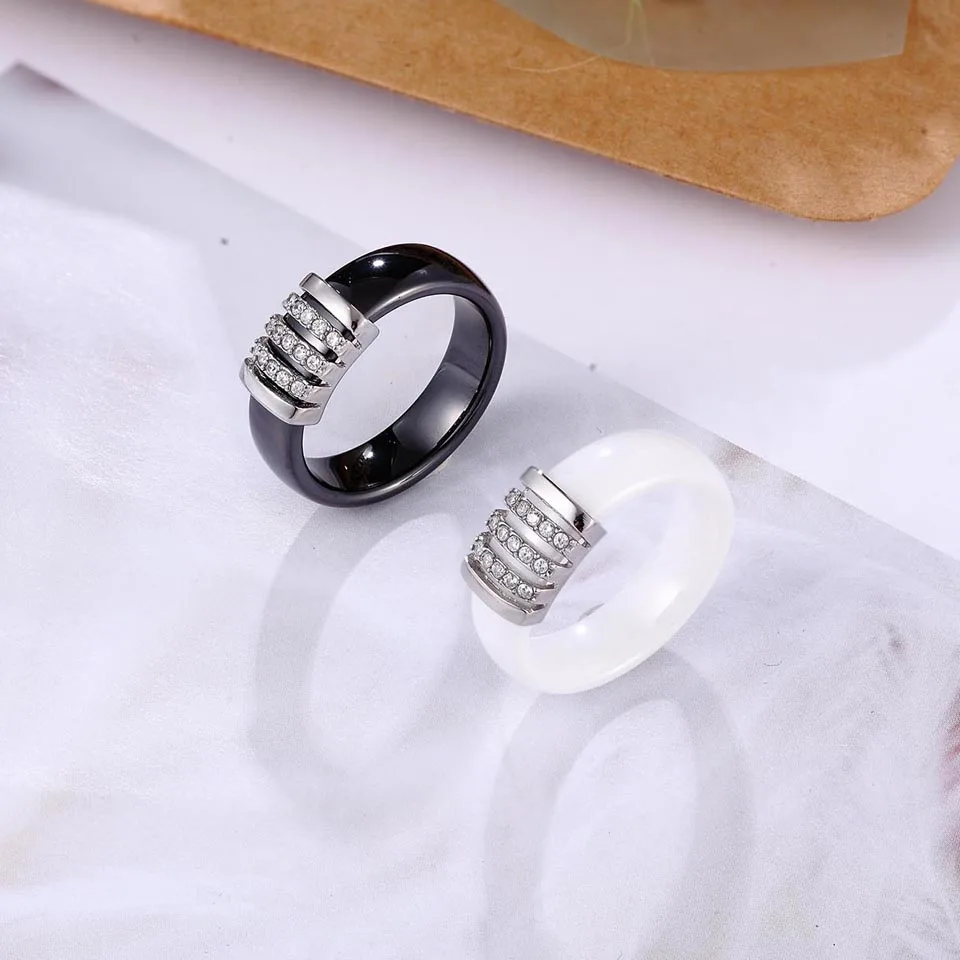 New Unique Rings Women 6mm Black White Ceramic Ring For Women India Stone Crystal Comfort Wedding Rings Engagement Brand Jewelry