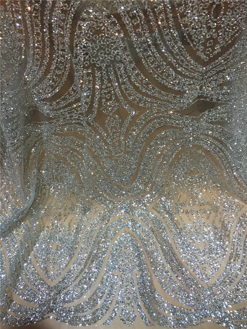 Silver African Tulle Mesh Lace Fabric, Glitter Sequins, Wedding Dress, Evening Dress, Good Design, High Quality