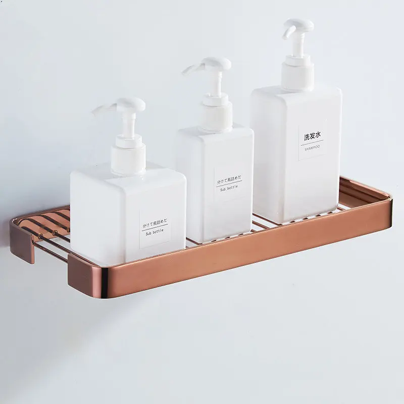 Bathroom Shelf Solid Brass Bath Shower Rack Corner Square Nail Punched Wall Mounted Storage Organizer Holder Rose Gold/Chrome