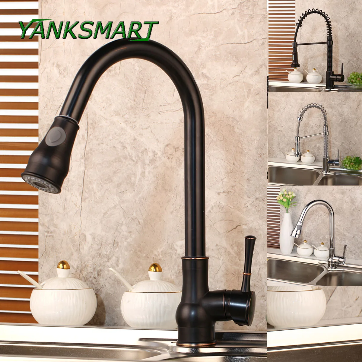 

YANKSMART Blackend Spring Kitchen Faucet Pull out Side Sprayer Dual Spout Mixer Tap Sink Faucet 360 Rotation Kitchen Faucets