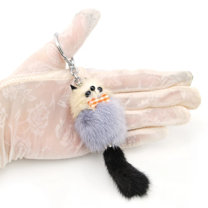 New Cute Girls Fluffy Rabbit Fur Pompom Raccoon Keychain Women Genuine Fur Bear Key Chain Pom Pom Bag Car Trinket Party Gift