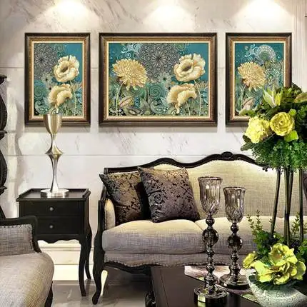 

American Flower Diamond Painting Full Diamond Elegant European Restaurant Triptych Diamond Embroidery Round Drill 5D Paste Drill