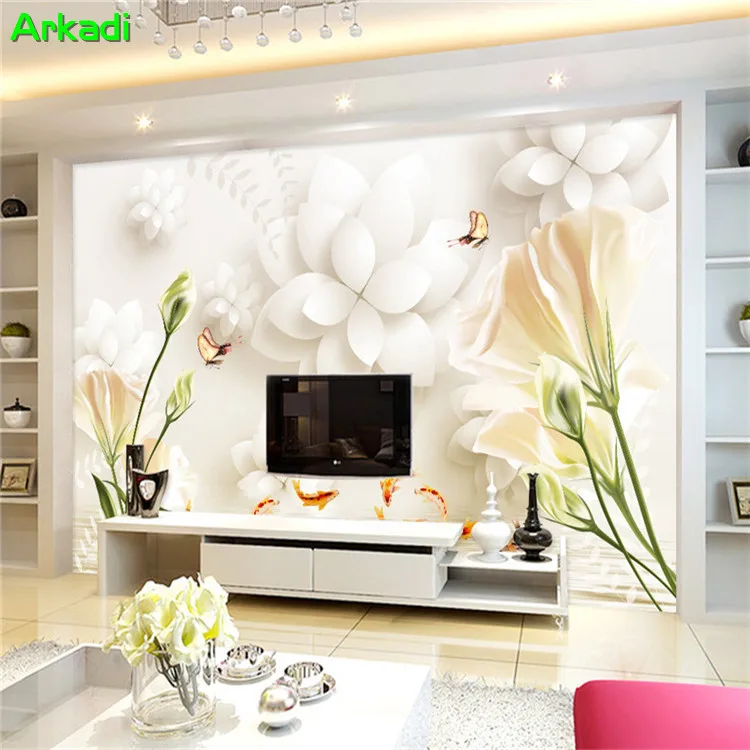 

3D TV background wall paper simple European Lily tulip flowers goldfish fresco living room bedroom video wallpaper