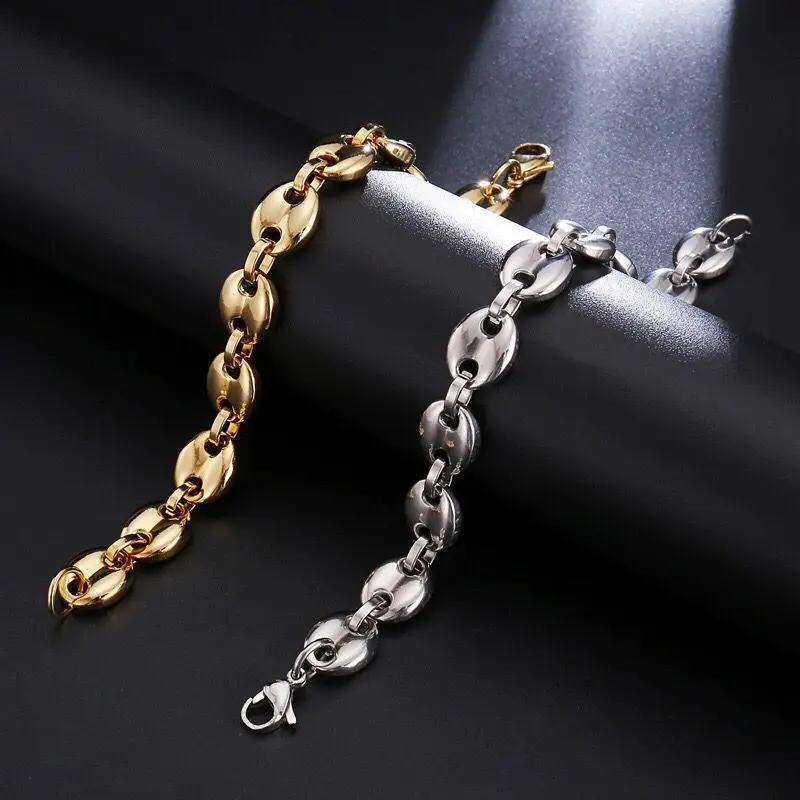 Wholesale Jewelry -- ( 21 cm x 11 mm ) 316L titanium steel Gold Color Coffee Bean\'s Bracelets Necklaces Jewelry For Men No Fade