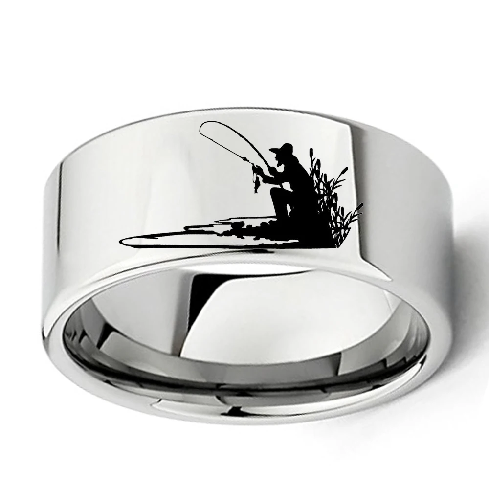 Wholesale Engraved Fisherman Silhouette Ring for Fishing Lovers 11mm Flat Mens Tungsten Carbide Wedding Band Size 7 to 13