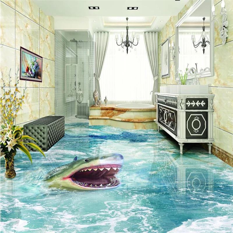 

beibehang Shark dolphin wave wave 3D stereo painting floor drawing custom large fresco pvc green wallpaper papel de parede