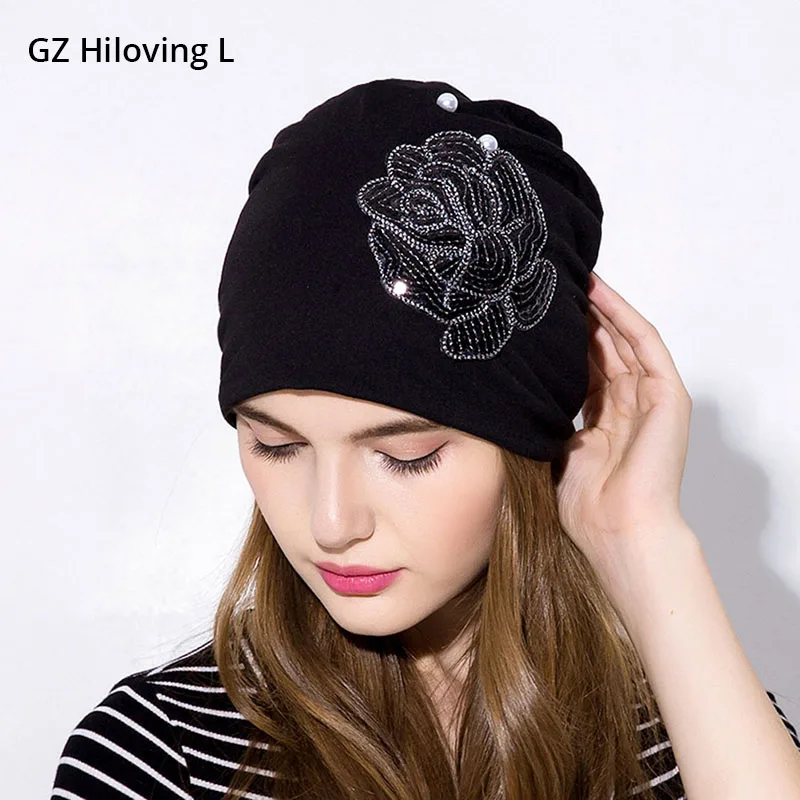 

GZHilovingL 2018 Womens Spring Sequins Slouch Beanies Hats Fashion Rose Loose Baggy Hats Preal Soft Womens Ladies Gorros Hats