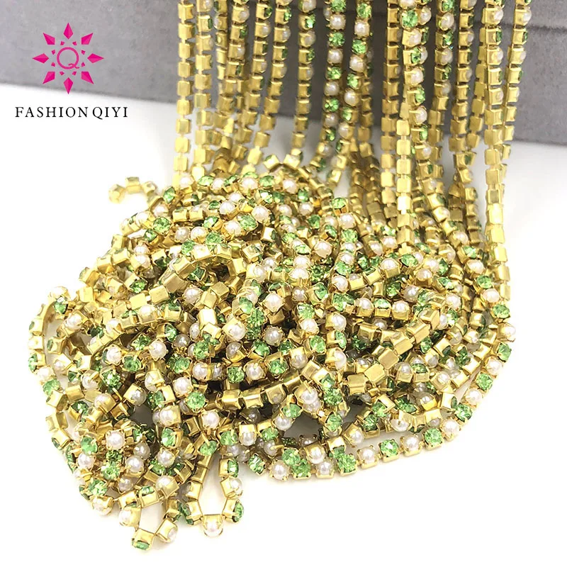 5 yards 2mm Gold base Light Green glass crystal rhinestones pearls mixed with claw sew on cup chain diy clothing accessories